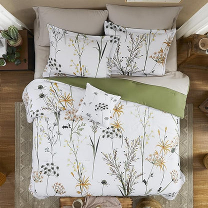 CASAAGUSTO King Comforter Set 7 PCS White & Green Dandelion Plant Comforter Set with Flowers Leaves Pattern Soft Seersucker Design All Season Bedding Set(102"X90")