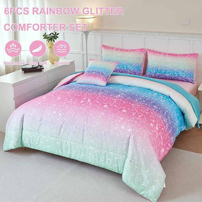 PERFEMET Girls Comforter Set with Sheets 6 Pieces Full Size Bedding Set Blue Pink Green Ombre Bed in A Bag Rainbow Tie Dye Kids Bed Sets Grandient Glitter Full Comforter Sets
