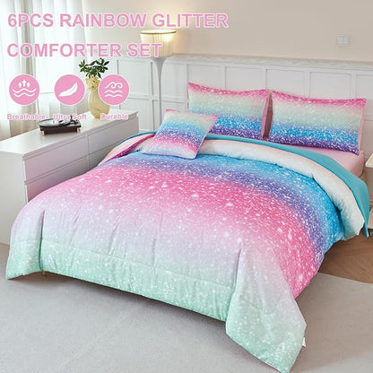 PERFEMET Rainbow Queen Comforter Set with Sheets, 6 Pieces Blue Green Bedding Sets for Girls, Tie Dye Ombre Bed Set for Bedroom Decoration, Lightweight All Season Bed in A Bag