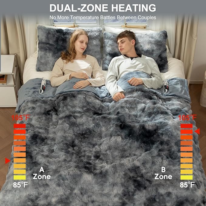 Faux Fur King Size Heated Blanket 100"X90" - Bubble Faux Fur Electric Blanket Fluffy Soft Thick with 6 Heating Levels & 10 hrs Timer Settings, Washable & ETL Certified for Bed, Tie-Dye Blue