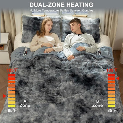 Faux Fur King Size Heated Blanket 100"X90" - Bubble Faux Fur Electric Blanket Fluffy Soft Thick with 6 Heating Levels & 10 hrs Timer Settings, Washable & ETL Certified for Bed, Tie-Dye Blue