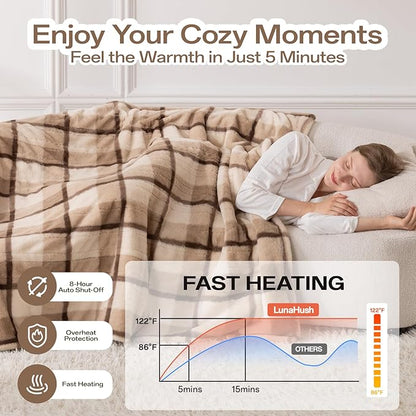 Heated Blanket Electric Throw, 50" x 60" Luxury Faux Rabbit Fur Blanket with 8 Heat Levels & 8 Hours Auto Off, Soft Cozy Sherpa Fuzzy Heating Blankets with ETL & FCC Certified, Washable, Brown Plaid