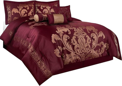 Chezmoi Collection 7-Piece Jacquard Floral Comforter Set (King, Maroon)