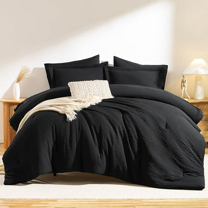 CozyLux King Size Comforter Set Black - 7 Pieces Striped Seersucker Bed in a Bag, Soft Lightweight Boho Bedding Set with All Season Comforters King Size, Sheets, Pillowcases & Shams