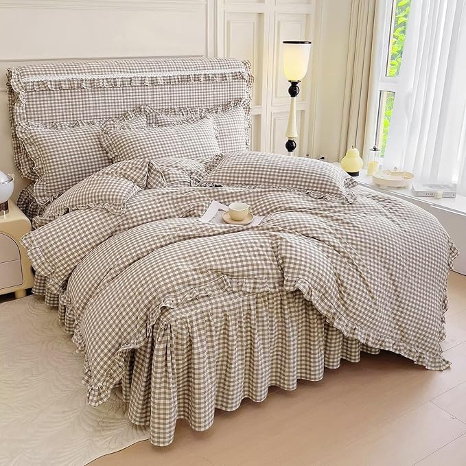 mixinni Vintage Ruffle Tan Gingham Comforter Set 3-Piece Washed Cotton Queen Beige Grid Bedding Set with Taupe Geometric Checkered Pattern, Farmhouse Chic Soft Fluffy Comforter for All-Season