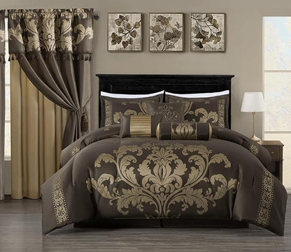 Chezmoi Collection Royale 7-Piece Jacquard Floral Comforter Set, Oversized King, Coffee/Gold