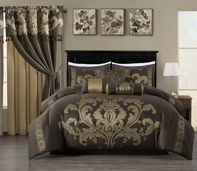 Chezmoi Collection 7-Piece Jacquard Floral Comforter Set (King, Coffee/Gold)