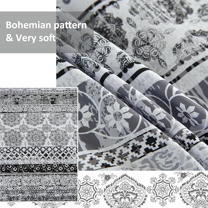 Cottolester Boho Queen Size Comforter Set 8 Pieces,Gray Bohemian Striped Bed in a Bag,Floral Soft Microfiber Bedding Comforter Set