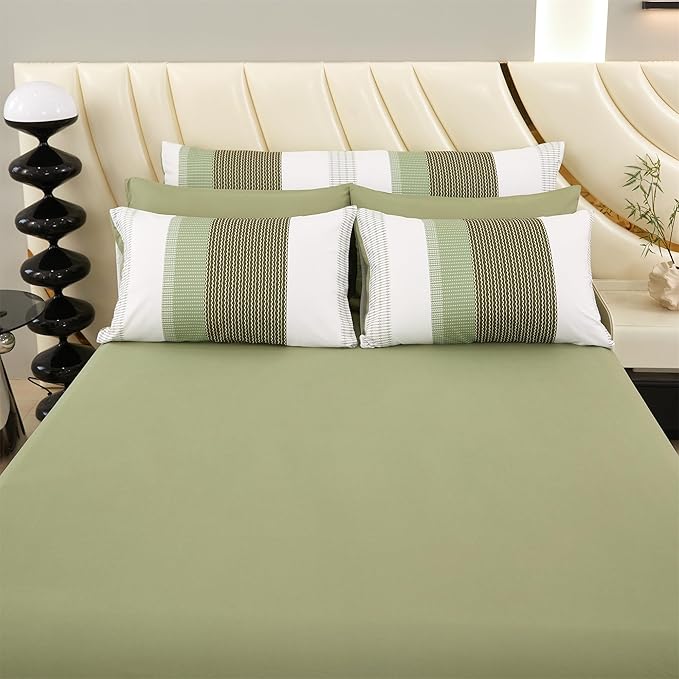 RYNGHIPY Olive Green Striped Bed Sets: 8 Pieces Soft Lightweight Bed in A Bag Queen Size Microfiber Down Alternative Comforter Sets with Corner Loops (Queen,Olive Green)