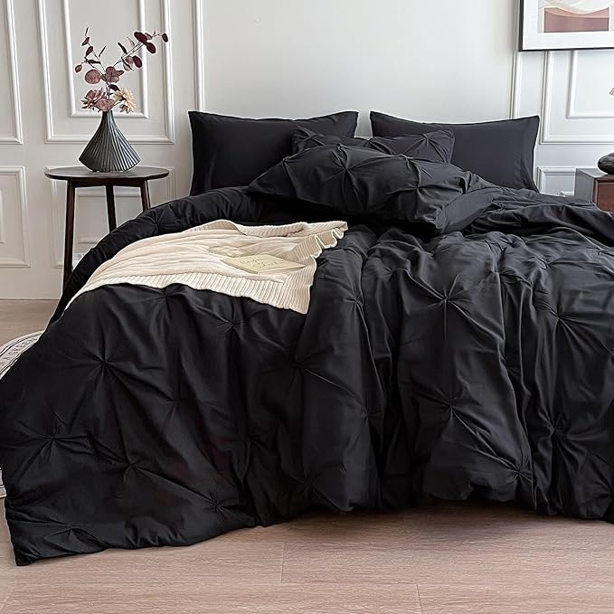 Maple&Stone Full Size Comforter Sets, 7 Pieces Bedding Sets Full, Pintuck Bed in a Bag Bed Set with Comforter, Sheets, Pillowcases & Shams - Black
