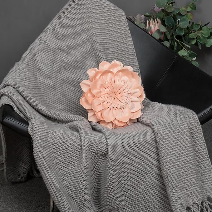 Decorative Throw Pillow 3D Flower Round Pillow Accent Handmade Cushion with Insert for Couch Bed Home Decor 14 Inch Peach Pink