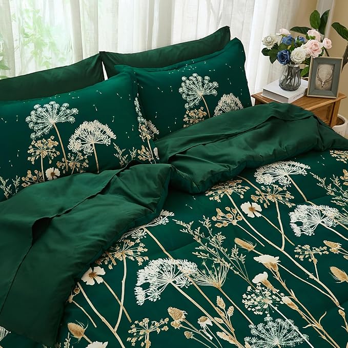 Yiran 7 Piece Comforter Set King Size, Dark Green Dandelion Floral Bedding Set, Botanical Bed in a Bag King, Soft Microfiber Complete Bedding Set with Comforter, Sheets, Pillowcases & Shams