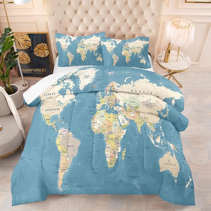 Tailor Shop Multicolored World Map Comforter Set for Boys Girls Geography Blue Ocean Asia Europe Africa America Map World Map Bedding Set Twin Size 2 Pieces with 1 Comforter 1 Pillowcase………