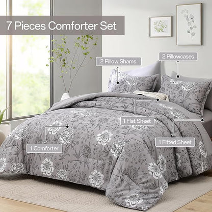 Yiran 7 Piece Bed in a Bag White Floral Comforter Set Grey Flower Bedding Set Leaves Botanical Soft Microfiber Comforter with Flat Sheet Fitted Sheet for All Season(King 104"×90")
