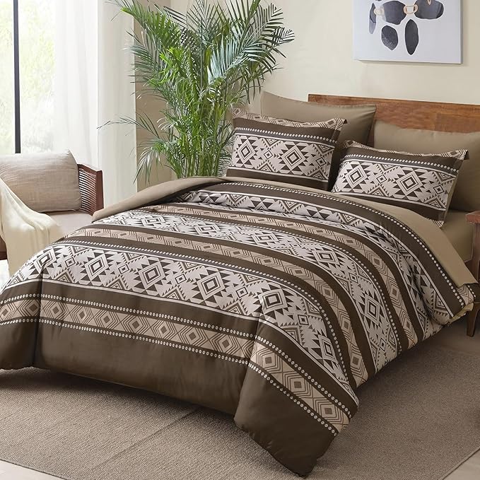Anibedding Brown Comforter Set Queen 7 Pieces Boho Western Bedding Set for All Season, Aztec Bed in a Bag Queen Soft Microfiber Comforter Set with Sheets, Pillowcases & Shams