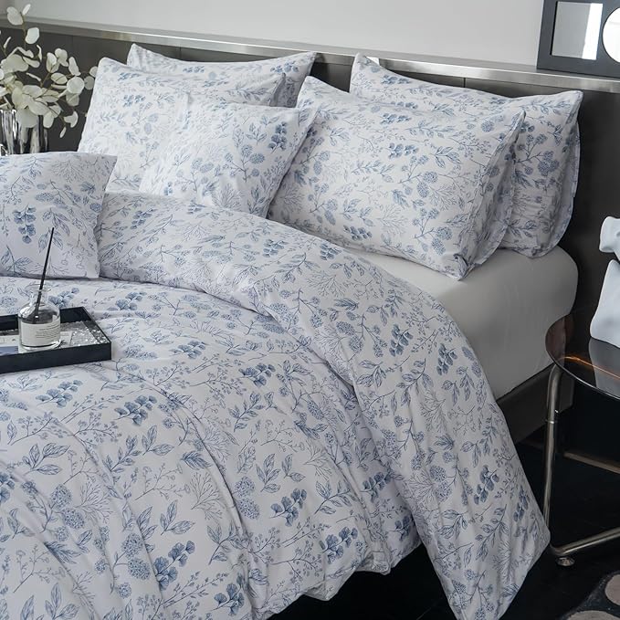 King Comforter Set Floral 3 Pieces Soft Cute Flower Bedding Comforter Sets Garden Style Blue Flower Print Botanical Comforter King for All Seasons 1 Comforter and 2 Pillowcases