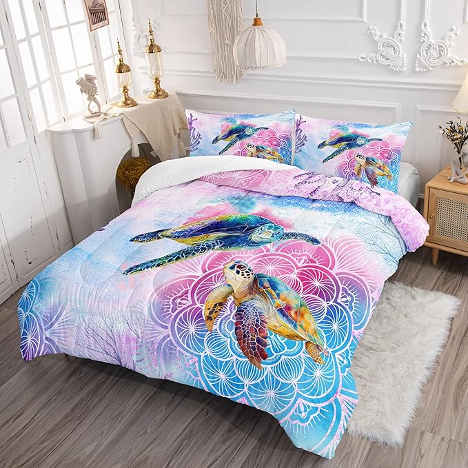 HOSIMA Sea Turtle Bedding,Coastal Beach Themed Comforters Queen Size for Kids Teen Girls Boys Room Decor, Toddler Bedding Set,Mandala Turtle Comforter with 2 Pillowcases.
