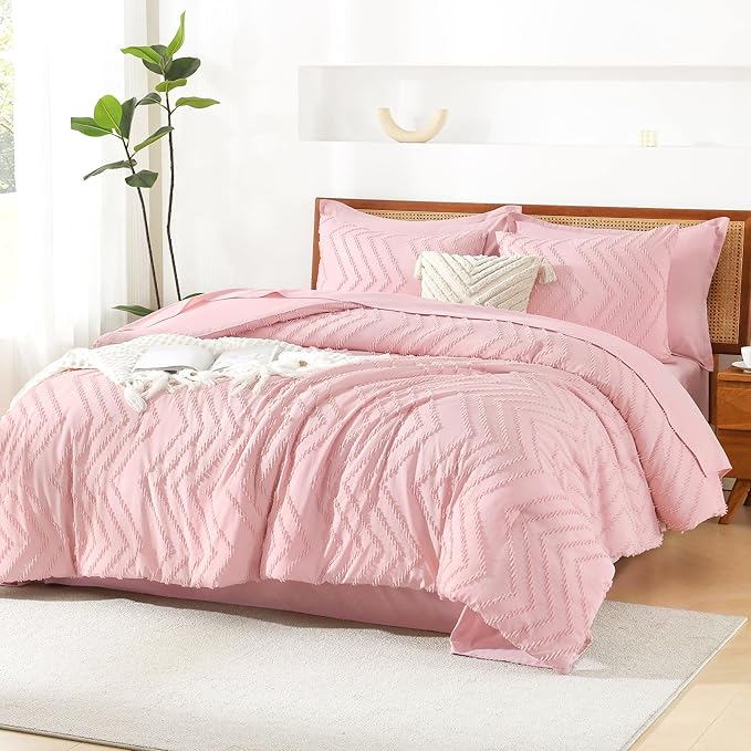 Litanika Pink King Size Comforter Set with Sheets - 7 Pieces Bed in a Bag King Boho Tufted Complete Bedding Sets with Comforter, Sheets, Pillowcases & Shams