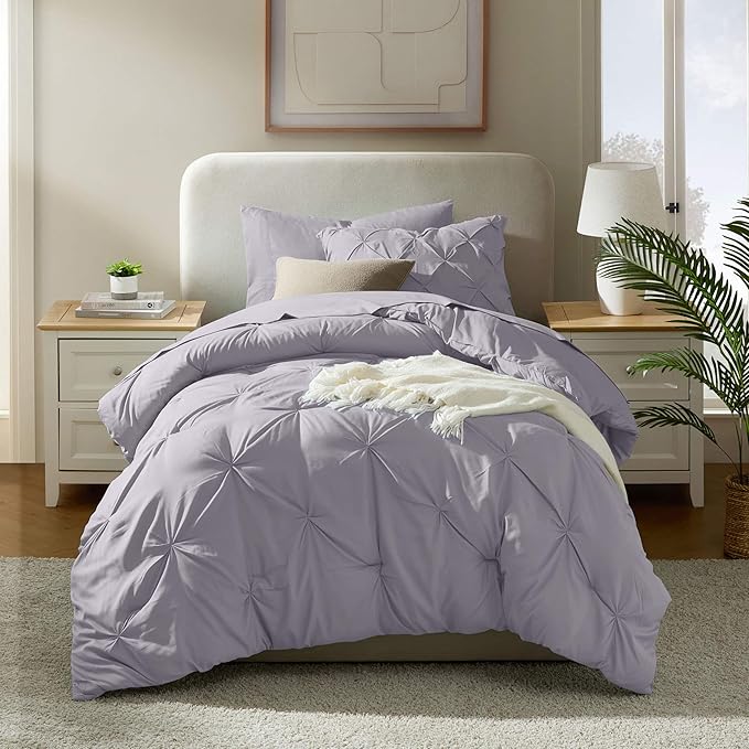 Nestl Twin XL Comforter Set 5 Piece - Pintuck Twin XL Bedding Set Grey Lavender, College Dorm Essentials Bed in a Bag, Twin XL Comforter Set for College Girls and Boys with Sheets, Pillowcase and Sham