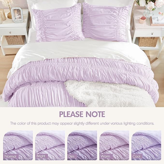Intelligent Design Queen Comforter Set Ruched Shabby Chic Comforters for Queen Size Bed, All Season Lightweight Purple Ruffle French Country Bedding Set, Shams, Ella, Full/Queen, Lavender 3 Piece