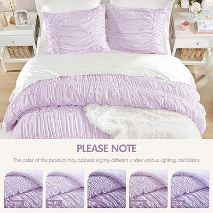 Intelligent Design Queen Comforter Set Ruched Shabby Chic Comforters for Queen Size Bed, All Season Lightweight Purple Ruffle French Country Bedding Set, Shams, Ella, Full/Queen, Lavender 3 Piece