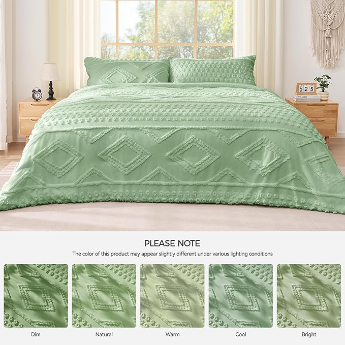 Boho King Comforter Set Sage Green with Sheets, 3 Pieces Tufted King Comforter Sets Boho Bedding Cream Soft Warm Neutral Comforter Sets for All Seasons