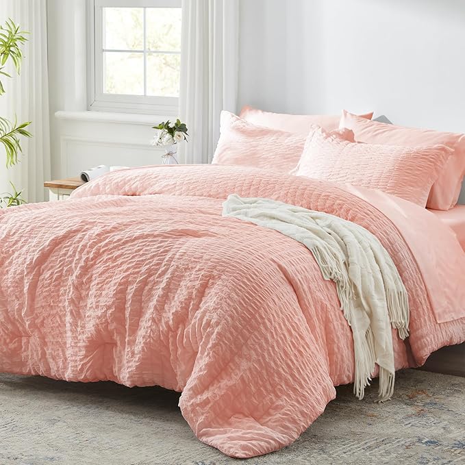Zzlpp King Comforter Set 7 Pieces, Pink Seersucker Bed in a Bag with Comforter and Sheets, All Season Bedding Sets with 1 Comforter, 2 Pillow Shams, 2 Pillowcases, 1 Flat Sheet