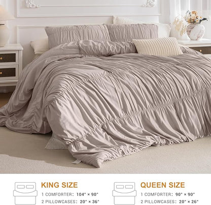 Masaca King Size Comforter Set,Taupe Ruched Ruffle King Comforter Shabby Boho Chic French Country Bedding Vintage Rustic Farmhouse Bedding Comforter Set 3 Pieces