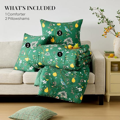 MUSSEL Queen Size Comforter Set 3 Pieces,Green Vintage Botanical Floral Pattern Bedding Comforter Sets,Boho Whimsical Modern Printed Design Cute Seersucker Bedroom Comforter and Shams
