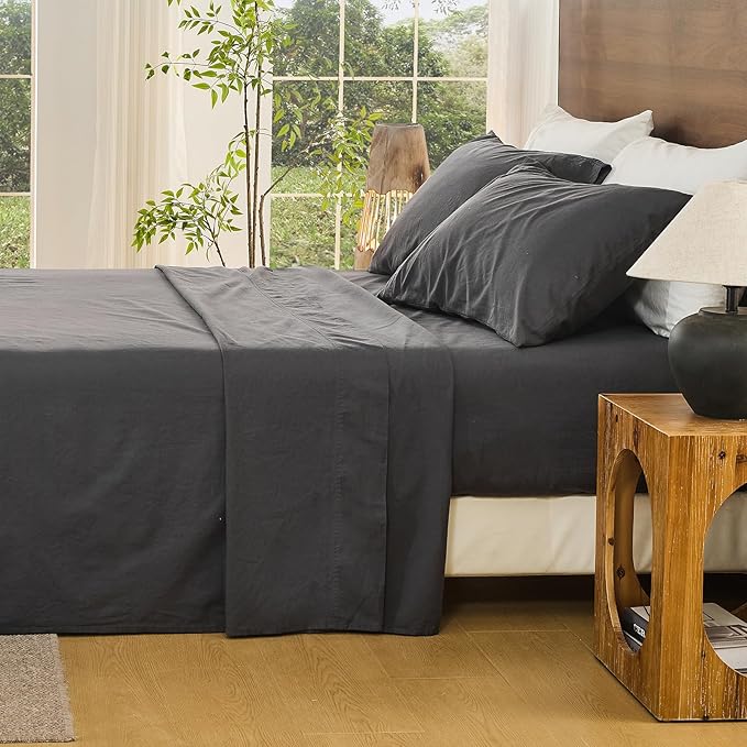 Bedlifes 100% French Linen Sheets California King Size 18-24" Extra Deep Pocket 4-Piece Set Breathable & Moisture-Wicking,Soft & Durable Sheets for Thick Mattresses(Dark Grey)