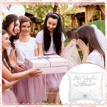 Quinceañera Pillow 13 x 16 Inches White 15th Birthday Lace Pillows with Pillowcase Quinceanera Gift Decoration for Girls Chairs Sofas Ceremony Souvenir