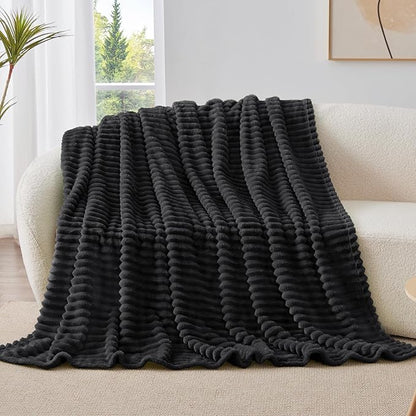 BEDELITE Fleece Throw Blanket for Couch - 300GSM Soft & Warm Fluffy Black Blanket, Decorative and Giftable Striped Blankets for Women, Men, 50"x60"