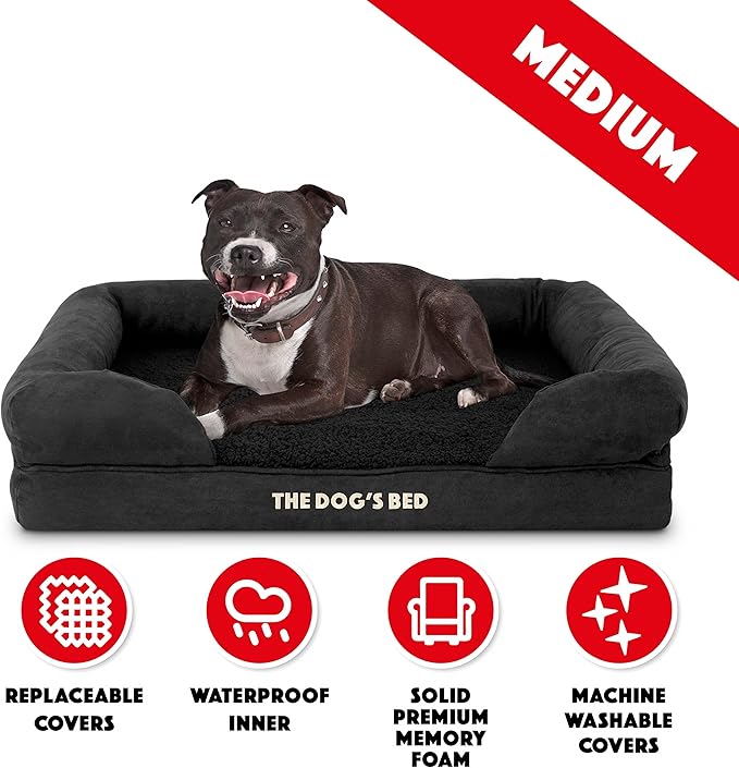 The Dog’s Bed Orthopedic Memory Foam Dog Bed with Bolsters, Plush Fabric, Black Plush, M