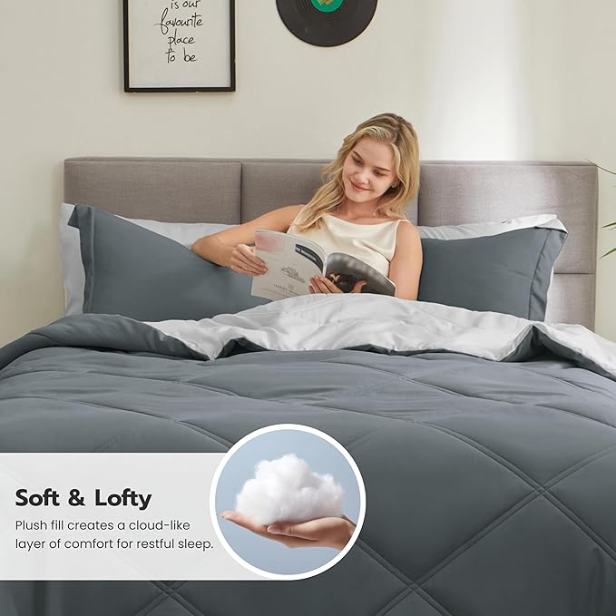 Joiedomi Full Size Comforter Set with Sheets Dark Grey, 7 Pieces Full Size Bed Set with 1 Down Alternative Comforter, 1 Flat Sheet, 1 Fitted Sheet, 2 Pillowcases and 2 Pillow Shams, Bed in a Bag