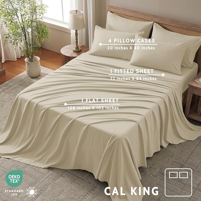 Cal King Size Sheets Set - 6 Piece Luxuriously Soft & Cooling Sheets Cal King Size - Ultra Soft 16" Deep Pocket Cal King Sheet Set - Fitted Sheet & Pillowcase Sets (Cal King Beige)