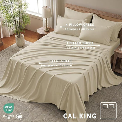 Cal King Size Sheets Set - 6 Piece Luxuriously Soft & Cooling Sheets Cal King Size - Ultra Soft 16" Deep Pocket Cal King Sheet Set - Fitted Sheet & Pillowcase Sets (Cal King Beige)