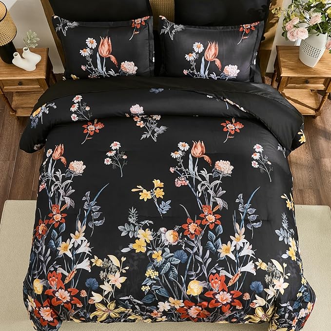 WONGS BEDDING King Comforter Set 7 Piece, Black Floral Bed in a Bag Bedding Set with Botanical Flowers Patterns, Soft Lightweight Complete Comforters with Sheets for All Season