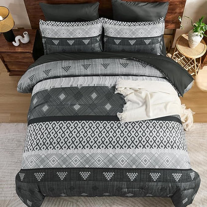 Xruibed Grey King Comforter Set 7 Pieces, Gray Boho Striped Bed in a Bag King Size Soft Microfiber All Season Bedding Set with Comforter, Sheets, Pillowcases & Shams(104"×90")