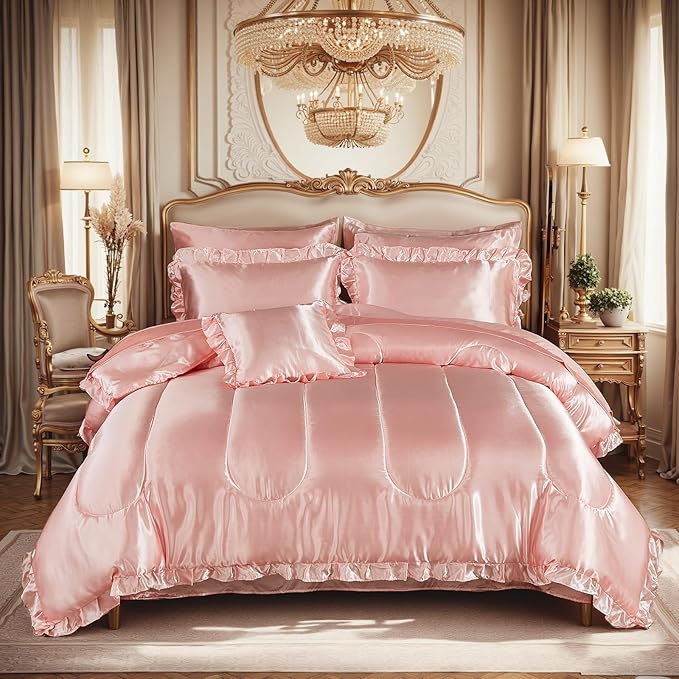 Satin Comforter Set with Sheet Set King 8 Pieces Silk Like Pink Bedding Set Silky Ruffle Pattern Luxury Silky Comforters with 1 Cushion Cover