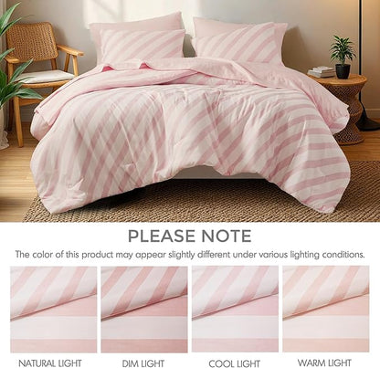 Reversible Striped King Comforter Set, Soft Microfiber Bedding Set with Double-Sided Stripes Design, Warm & Cozy for All-Seasons, 3-Piece Comforter and Shams Set King Size, Blush