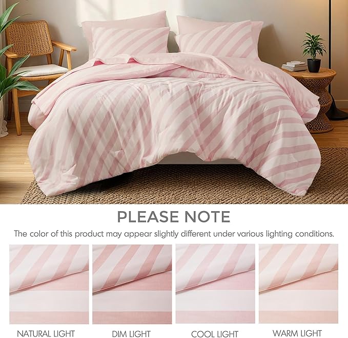 Reversible Striped Queen Comforter Set, Soft Microfiber Bedding Set with Double-Sided Stripes Design, Warm & Cozy for All-Seasons, 3-Piece Comforter and Shams Set Queen Size, Blush