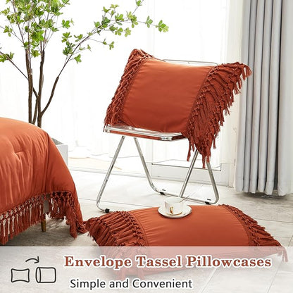 Andency Queen Comforter Set Burnt Orange, 3 Pieces Boho Terracotta Lightweight Fall Bedding Comforter Sets, Tassel Rust Bed Set (90x90In Comforter & 2 Pillowcases)