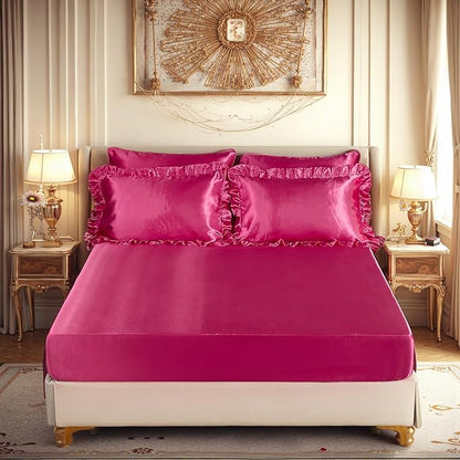 Bedding_Dreamer King Size Satin Bed in a Bag Hot Pink Bedding Set Silk Like Silky Comforter Set Sexy Silky Sheet Set Luxury Hotel Room Decor Womens Girly Bed Sets Ruffled Gothic Down Comforter 8 Pcs