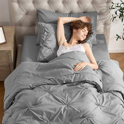 Nestl Twin Comforter Set 5 Piece - Pintuck Twin Bedding Sets Grey, College Dorm Room Essentials for Girls and Boys Bed in a Bag Twin All Season, Twin Comforter Set with Sheets, Pillowcase and Sham