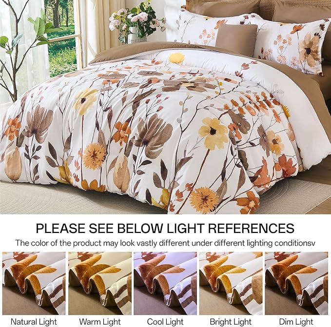 Anibedding 8Pieces King Size Comforter Set, Khaki Watercolor Floral Queen Size Bed in a Bag Comforter Set with Pillowcase, Sheets for All Season