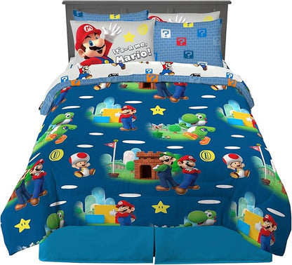 Franco Super Mario Bros. Kids Bedding Super Soft Comforter and Sheet Set with Sham, 7 Piece Queen Size, (Official Licensed Product)