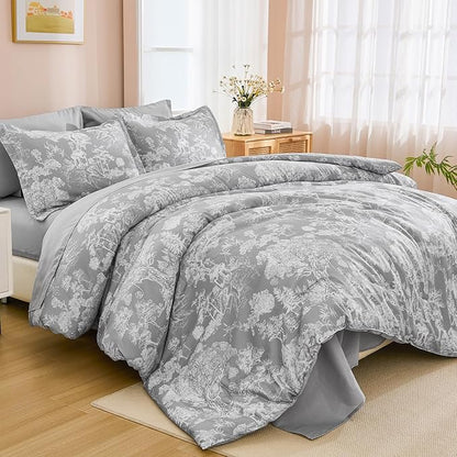 DJY Grey Comforter Set Queen, 7 Pieces Grey Botanical Comforters Queen Size Elegant Plants Print with Sheets Bed in a Bag Soft Microfiber Reversible Complete Bedding Sets for All Season