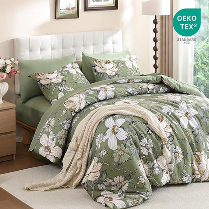 Luxudecor Queen Comforter Set 7 Pieces Bedding Sets,Olive Green Floral Comforter and Sheet Set,Soft Microfiber Bed in a Bag for All Seasons (Olive Green,90"x90")