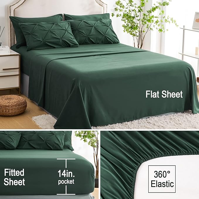 Ubauba 7pc King Size Comforter Set with Sheets Dark Green, Emerald 7 Pieces Pinch Pleat Bed in a Bag, All Season Hunter Green Beddings Set with Comforters (Green,King)