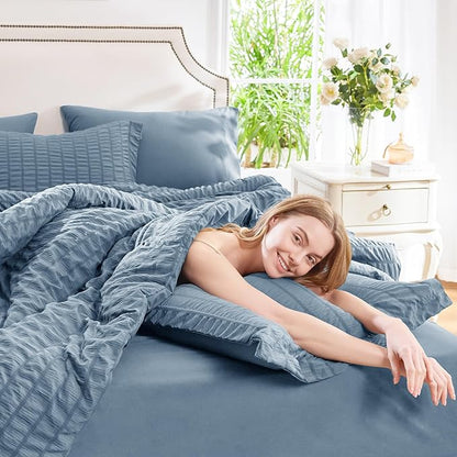 CozyLux Grayish Blue Queen Comforter Set Seersucker 7 Pieces Dusty Blue Bed in a Bag Queen Comforter Set with Sheets, Luxury Bedding Set with Down Alternative Comforter, Sheets, Pillowcases & Shams